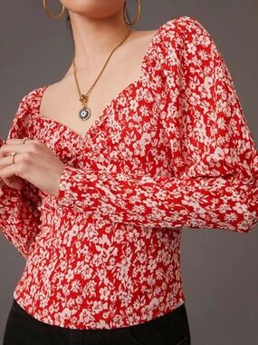 Anthropologie Red and White Floral Puff-Sleeve Square-Neck Top